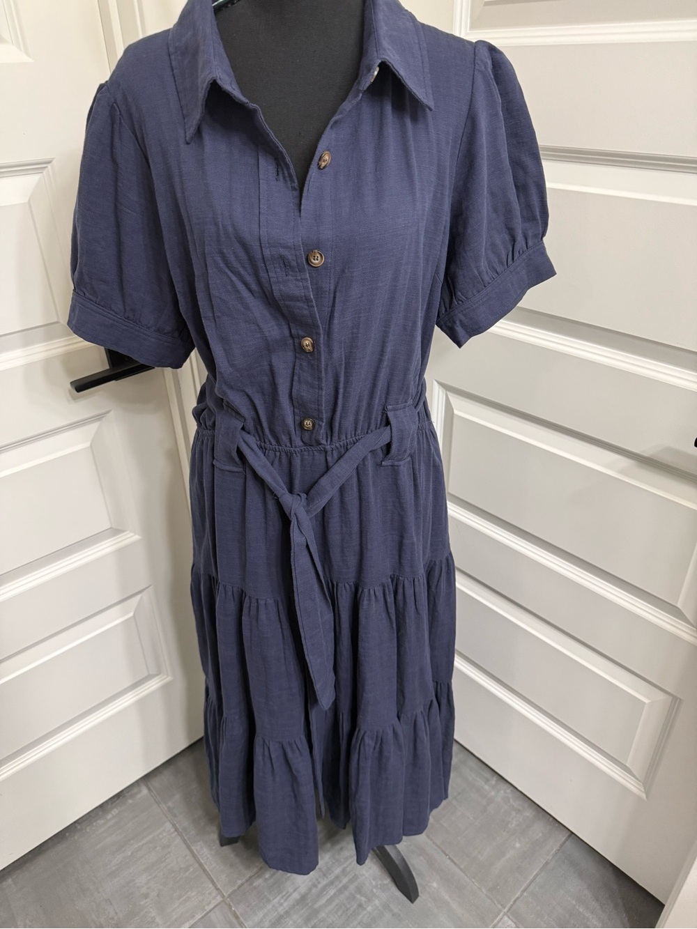 Kaileigh Navy Button-Front Tiered Midi Dress with Tie Waist